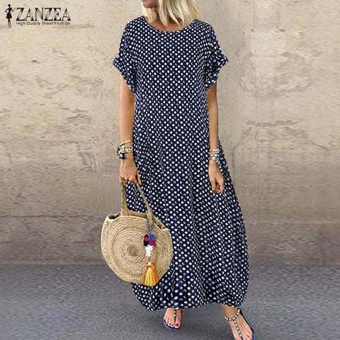 ZANZEA-Vestido largo de lunares para mujer, Vestido largo Vintage de verano del 2022, Vestido de mujer de manga corta con cuello redondo, caftán holgado de fiesta, ropa femenina 5xl ► Foto 1/6