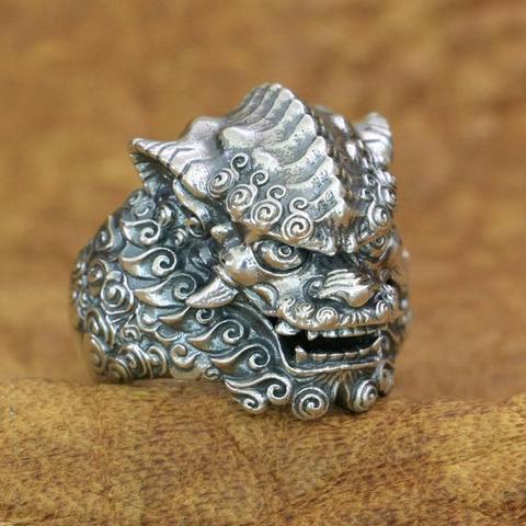 Anillo de león de estilo chino para hombre, de plata de ley 925, anillo Punk del motorista TA210, talla estadounidense 7 ~ 15 ► Foto 1/6