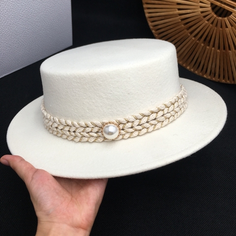 Fedora-Sombrero de fieltro de lana para mujer, gorra de lana blanca con perla, estilo retro elegante de Europa y América, para Otoño e Invierno ► Foto 1/6