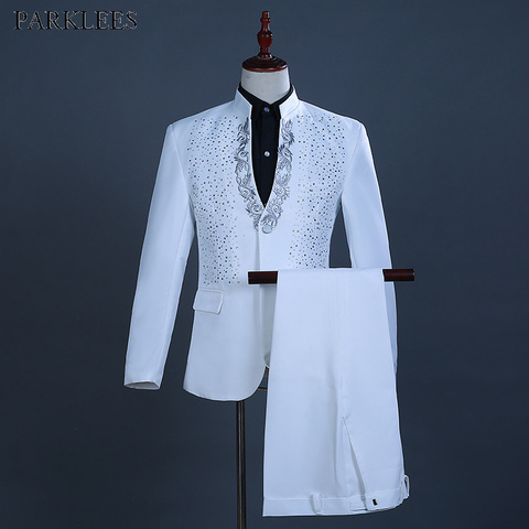 Traje de diamante bordado blanco para hombre, trajes de esmoquin para novio de boda, traje de escenario de graduación con cuello levantado, trajes para hombre, con pantalones Ternos ► Foto 1/6