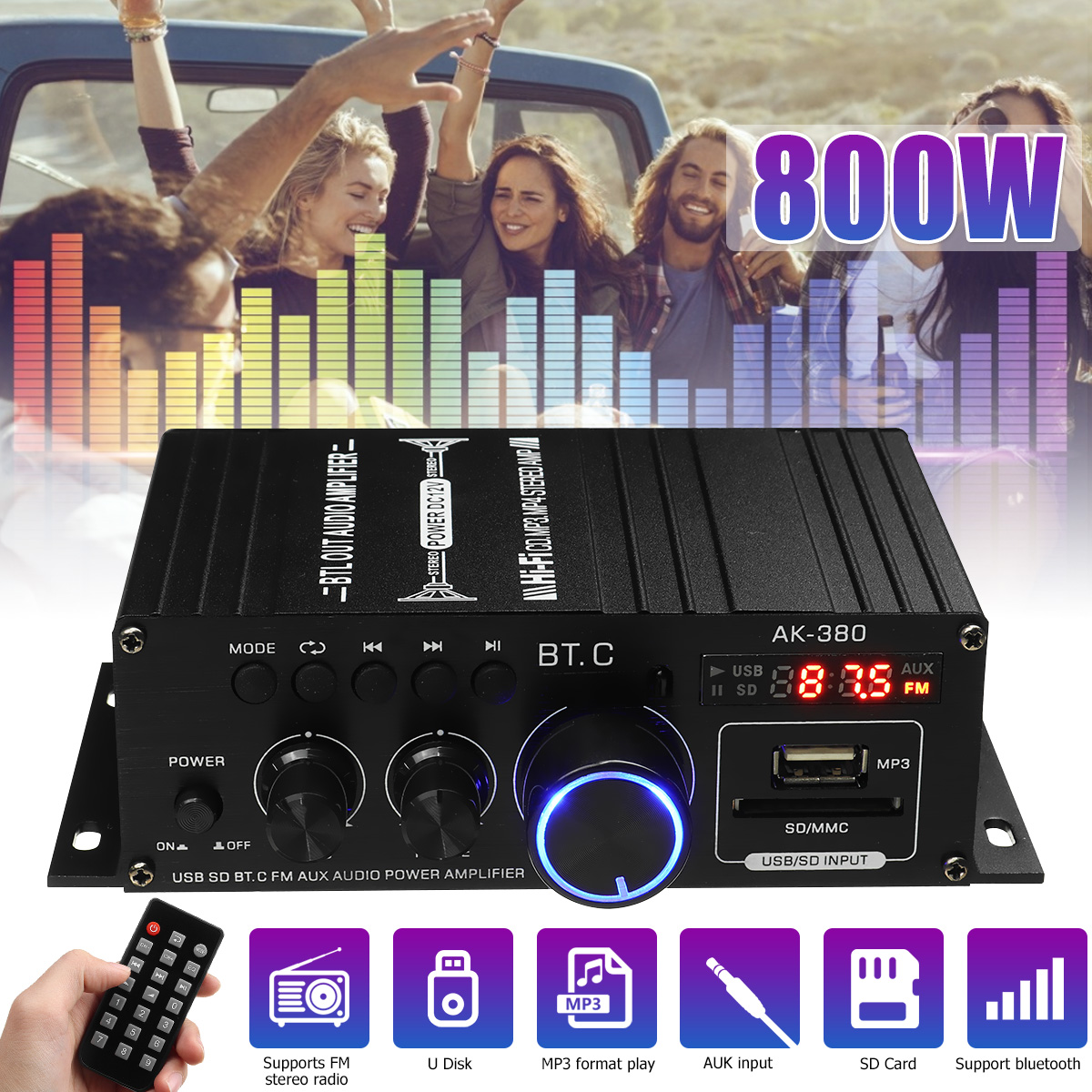 AMPLIFICADOR DE POTENCIA HiFi de 800W, amplificador de Audio para Karaoke, cine en casa, 2 canales, Bluetooth, Clase D, reproductor de BASS Music, Radio FM ► Foto 1/6