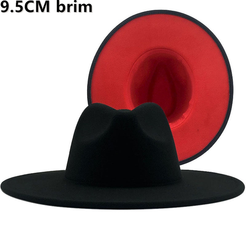 Nuevo británico estilo de lana de invierno de estilo clásico Gorra de fieltro de los hombres las mujeres sombrero jazz de Panamá de 9,5 CM de ancho ala grande negro rojo sombreros ► Foto 1/6