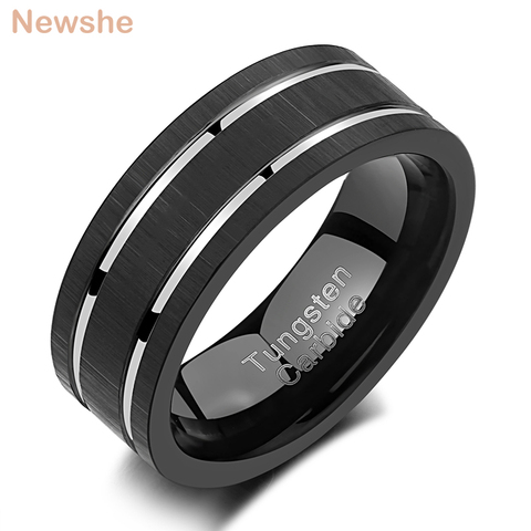 Newshe-Bandas de boda negras para hombre, Anillos de Carburo de Tungsteno, Color plateado, línea acanalada, tamaño 8-13, TRX075 ► Foto 1/6