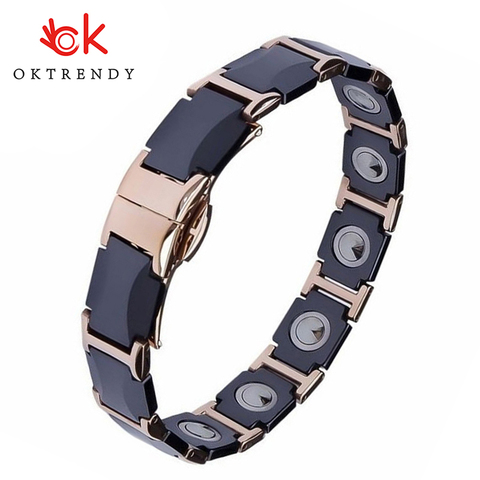 Pulsera de cerámica negra de acero inoxidable para hombre y mujer, brazalete magnético de germanio para el cuidado de la salud, Unisex, joyería de lujo ► Foto 1/6