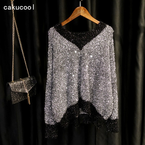 Cakucool-suéter brillante de Lurex para mujer, jersey de diseño holgado con cuello de pico brillante, parche de Color Delgado, suéteres gruesos coreanos para mujer ► Foto 1/6