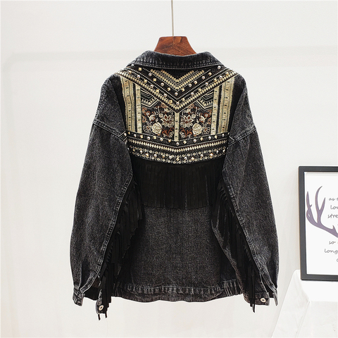 Chaqueta vaquera bordada con remaches negros, chaqueta holgada de talla grande para Mujer ► Foto 1/6