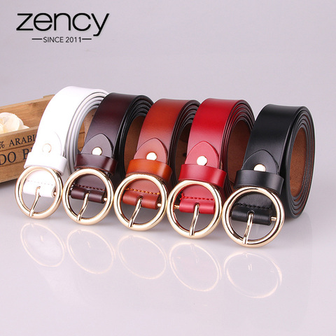 Zency-cinturones de piel auténtica para mujer, cinturón con hebilla de Pin redondo de alta calidad, color negro, blanco y marrón, 100% ► Foto 1/6