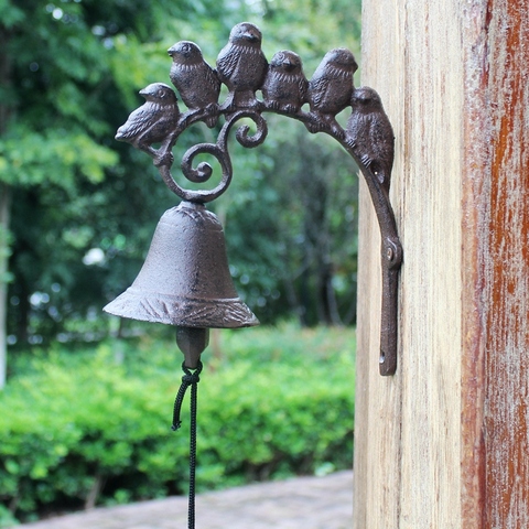 Campana de pared de hierro fundido Retro de Seis pájaros en rama, decoración de pared rústica europea para el hogar y el jardín, montada en la mano, timbre de bienvenida ► Foto 1/6