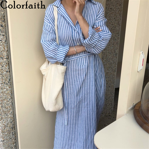 Colorfaith-Vestido camisero con solapa rayada para mujer, ropa informal holgada de algodón y lino con cordones, un solo pecho, DR2268, verano 2022 ► Foto 1/6