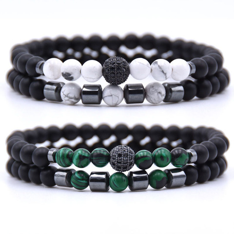 6mm cuentas de piedra Natural pulsera 2 unids/set CZ bola cuentas bracciali femme amigos pulseras para las mujeres de la joyería de los hombres hombre bileklik ► Foto 1/6