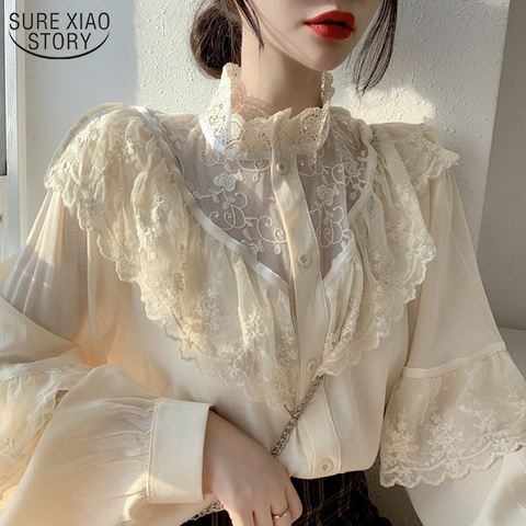 Blusa de encaje con volantes para otoño, camisa holgada de estilo coreano para mujer, con cuello alto, Estilo Vintage, 11335 ► Foto 1/6