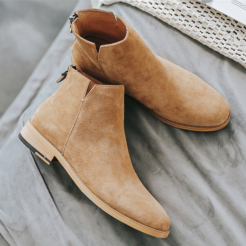 Yominior-zapatos de tendencia inglesa para Hombre, botines informales de cuero genuino con cremallera, botas planas estilo Chelsea para vestido de boda ► Foto 1/6