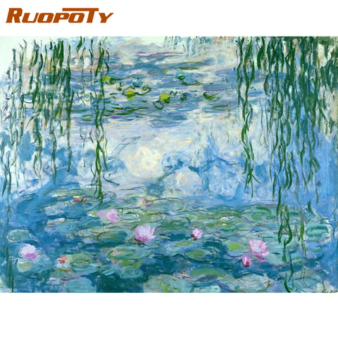 RUOPOTY-Cuadro artesanal de flores de loto para adultos, pintura por números, cuadro de arte de pared para el hogar, imagen artesanal, regalo, artes, 60x75cm ► Foto 1/6