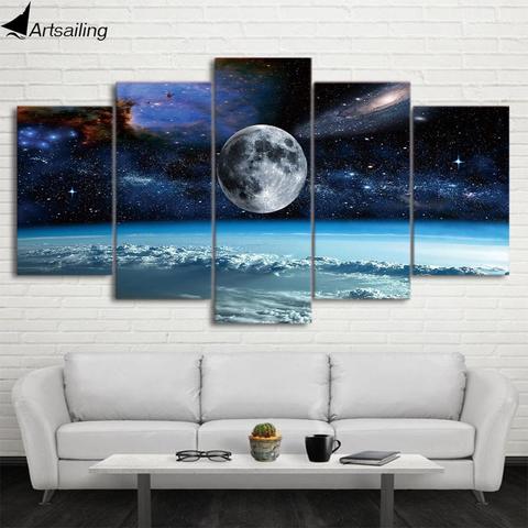 Cuadro de lienzo de fotos espaciales de universo y Planeta de 5 paneles, póster de cielo estrellado, imagen de Luna y tierra para el hogar de la sala de estar ► Foto 1/6
