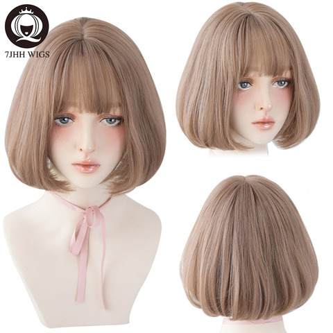 7JHH WIGS-peluca Lolita con flequillo para mujer, pelo corto liso Rubio, marrón y negro, estilo de peinado de estrella, peluca de fiesta, Cosplay, Bob ► Foto 1/6