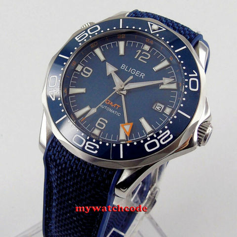 41mm Bliger esfera azul de cristal de zafiro GMT abertura para fecha automática reloj banda de goma Cearmic bisel ► Foto 1/6