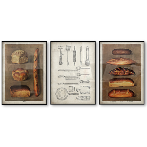 Póster Vintage de comida de pan para cocina, tienda de repostería, ilustración de pan horneado, aleros, arte de pared, lienzo antiguo francés, estampado pintura ► Foto 1/6