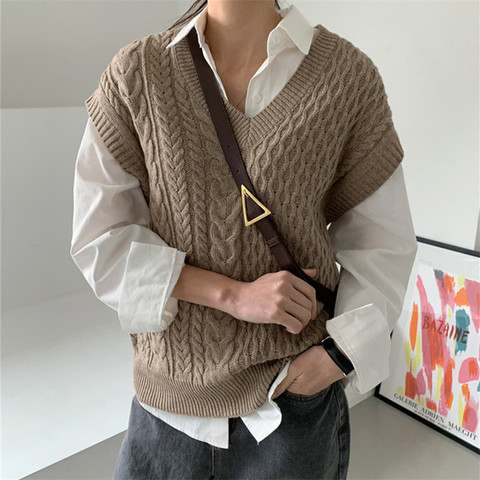 RUGOD mujer Jersey chaleco coreano Casual con cuello en V de Twist suéter sin mangas de mujer Streetwear todo encuentro chaleco YYQX06 ► Foto 1/6