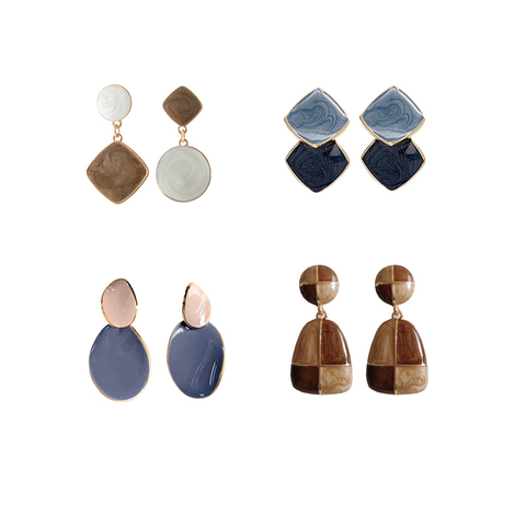 Pendientes con forma de rombo cuadrado redondo para mujer, aretes con broche geométrico de aceite de calidad, sin perforaciones, color marrón y azul esmaltado ► Foto 1/6