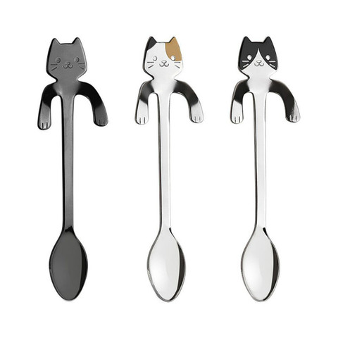 Mini cuchara con forma de gato de acero inoxidable 304, herramientas de cocina, cubiertos de mango largo, herramientas para beber café, novedad ► Foto 1/6