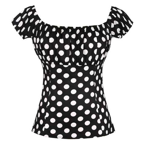 Tops Retro Vintage de los 50 para mujer, blusas negras de manga corta con estampado de lunares de algodón con cuello de barco, blusas cortas con Pin Up 2022 ► Foto 1/6