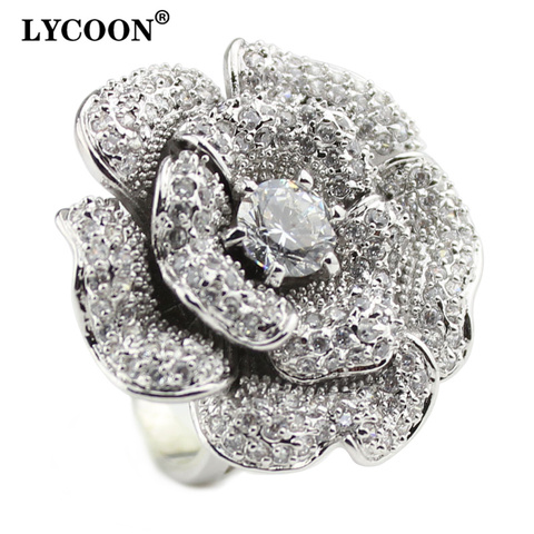 LYCOON moda mujer marca de lujo grandes anillos de circón de flor de Rosa Chapado en plata de alta calidad con CZ anillo de circón cúbico traje de fiesta ► Foto 1/6