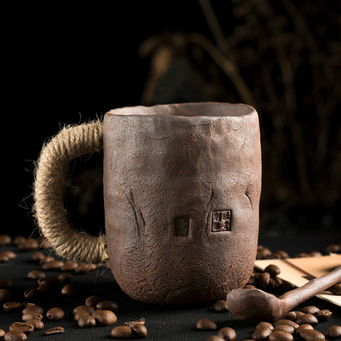 Taza de cerámica gruesa hecha a mano con tapa, cuchara, cuerda de corbata creativa, tazas de café japonesas de gran capacidad ► Foto 1/5