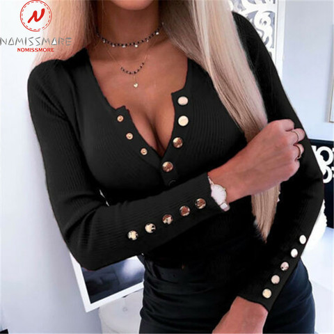 Camisetas de punto elegantes para mujer, Top de manga larga con cuello en V y botones de decoración, jerséis ajustados de Color sólido para oficina, Otoño e Invierno ► Foto 1/4