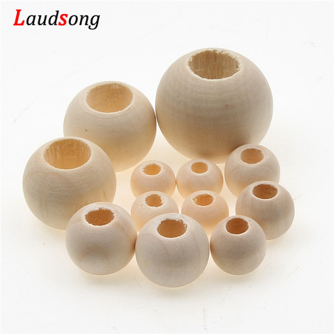 Laudsong-Cuentas de madera Natural con agujero grande de 10-40mm, bolas redondas, cuentas espaciadoras sueltas para fabricación de joyería, bricolaje, pulsera, collar ► Foto 1/6