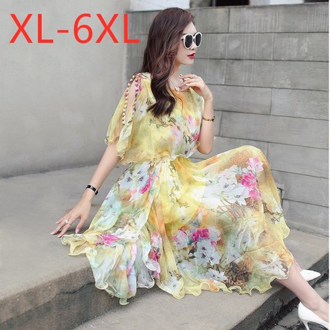 Nuevo verano de las señoras de talla grande vestido largo casual suelto floral grande de gasa estampado amarillo flores volantes vestido 3XL 4XL 5XL 6XL 7XL ► Foto 1/6