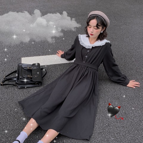 Harajuku gótico Cosplay negro marinero vestido Lolita estilo de niña Collar de encaje Vintage vendaje Casual plisado largo Vestidos 2022 ► Foto 1/6