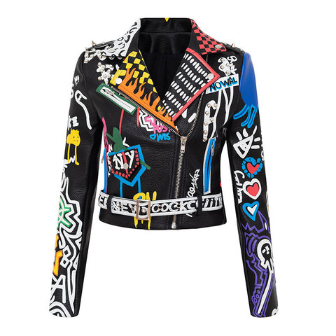 Primavera y otoño imitación cuero Punk chaqueta de las mujeres Graffiti tachonado remaches moda Streetwear de la motocicleta abrigo ► Foto 1/6