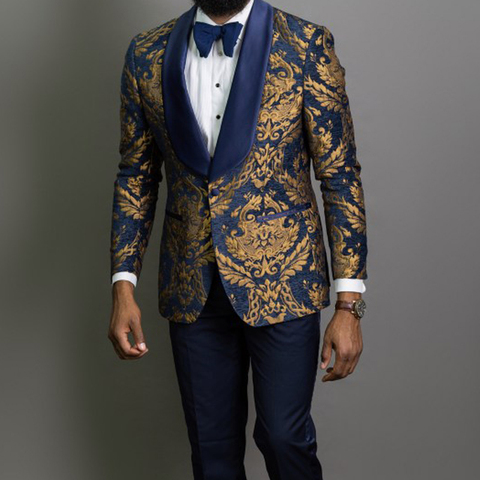 Trajes de boda para hombre, Jacquard Floral, azul marino, 3 piezas ajustado de esmoquin, traje africano, chaqueta, pantalones ► Foto 1/6