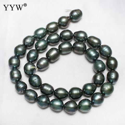 Cuentas de Perlas de agua dulce de perlas naturales ovaladas para mujer, joyería de moda, color verde oscuro, 9-10mm, cuentas cultivadas para pulseras, hilo de 15