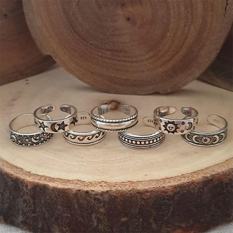 7 Uds. De anillos de punta de Luna y Estrella tallada hueca Retro para mujer, sortijas Bohemias de apertura anillo para dedo ajustable, joyería Bohemia para pie de playa ► Foto 1/6