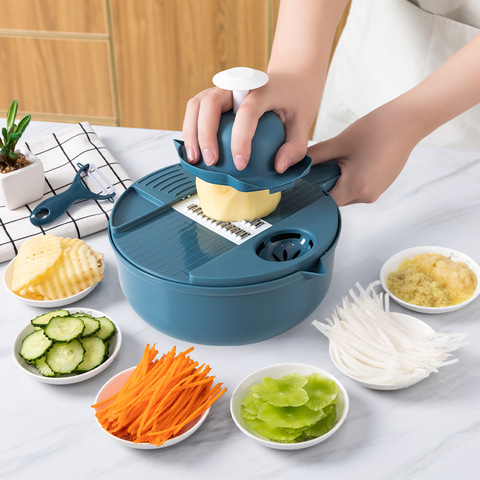 Picadora de verduras, rallador de zanahorias y patatas, cortador de verduras multifunción manual con protector, cepilladora artefacto de cocina, 12 Uds. ► Foto 1/6