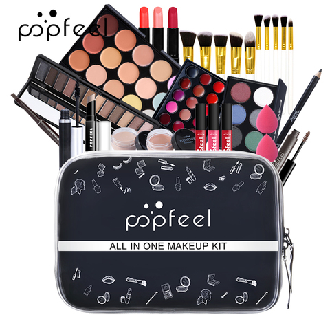 POPFEEL-Kit de maquillaje todo en uno (sombra de ojos, brillo de labios, Pintalabios, pinceles, cejas, corrector) bolsa de cosméticos de belleza ► Foto 1/6