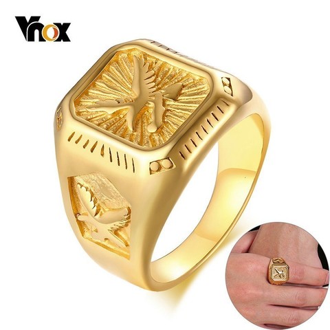 Vnox-anillo cuadrado de acero inoxidable para hombre, anillo grueso con estampado de águila, color dorado, banda de animales pesados ► Foto 1/6