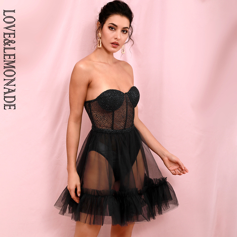 Amor y limonada negro Top recto y sexi Perspectiva de malla suave forma encolado brillante Minivestido de fiesta LM82353 ► Foto 1/6