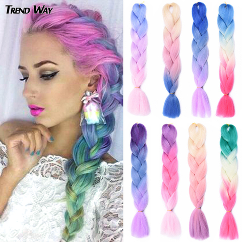 Trend Way-extensiones de pelo largo sintético para mujer, pelo trenzado Jumbo de 24 pulgadas con degradado de ganchillo, trenzas coloridas de 100g, cabello de arcoíris gris y verde ► Foto 1/6