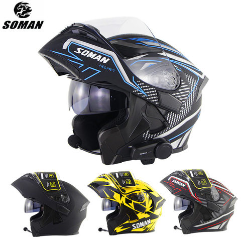 SOMAN-Casco abatible hacia arriba con Bluetooth, doble lente, ECE, DOT Cool, cara completa, Cascos de motocicleta Modular, color negro ► Foto 1/6