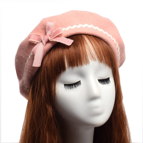 Boina Lolita de lana hecha a mano para mujer, gorro de lana con lazo elevado, gorro de pintor ► Foto 1/6