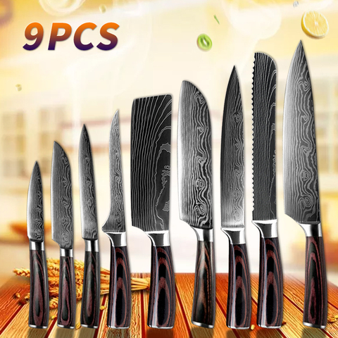 Cuchillos de Chef de Juego de Cuchillos de Cocina con diseño de Damasco, cuchilla japonesa de acero de alto carbono ► Foto 1/6
