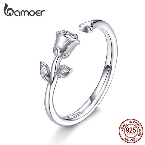 Bamoer-Anillo de plata de primera ley con forma de rosa para mujer, sortija ajustable, plata esterlina 925, flor 3D, moda coreana, BSR065 ► Foto 1/6