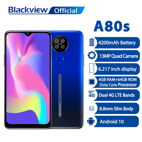 Blackview-teléfono inteligente A80s Helio A25, Android 10, 4GB de RAM, 64GB de ROM, cámara cuádruple de 13MP, 4200mAh, pantalla antigotas de 6,2 