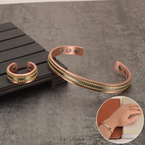 Conjunto de joyería, pulsera magnética de cobre, anillo de energía curativa, juegos de joyas para mujer, brazalete ajustable de oro rosa, pulseras de anillo ► Foto 1/6