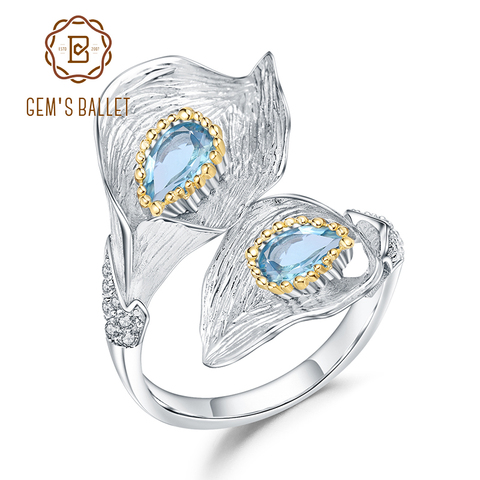 GEM'S BALLET-anillo ajustable de Plata de Ley 925 con Topacio Azul, anillos de hojas de lirio de Calla, Natural, suizo, hecho a mano, para mujeres ► Foto 1/6
