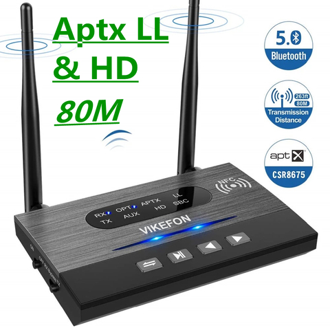 Receptor y transmisor de Audio Aptx HD de baja latencia con Bluetooth 5,0, SPDIF, 3,5mm, AUX, Jack, RCA, adaptador inalámbrico para coche, TV, PC, par 2, 80M ► Foto 1/6