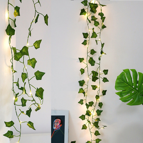 Tira de luces Led de 2M, enredadera de hojas verdes, vid de hiedra para el hogar, lámpara de decoración de boda, luces de Navidad de jardín colgantes DIY ► Foto 1/6