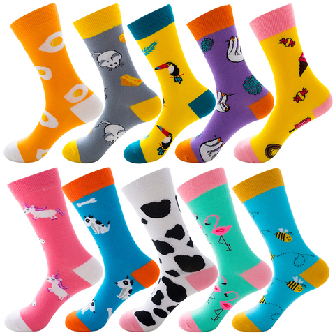 Calcetines coloridos para hombre, calcetines de algodón, lindos patrones de moda, ropa de calle, novedad, animales de dibujos animados, ratón, abeja, vaca, unicornio, hombre, mujer ► Foto 1/6